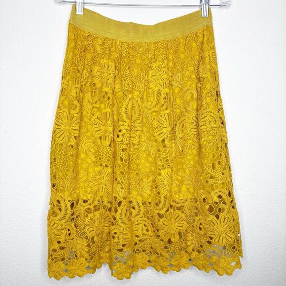 Ann Taylor Mustard Yellow Floral Crochet Lace Elastic Waist Skirt 2 - Picture 6 of 10